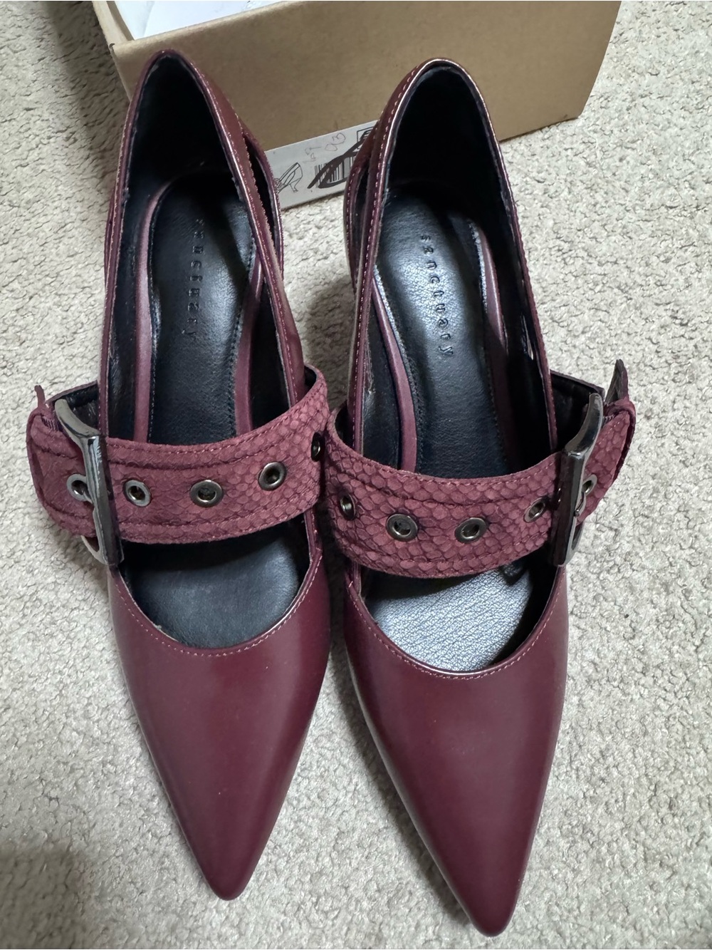 Sanctuary Burgundy Pointed Mary Jane Pumps with Textured Buckle Strap